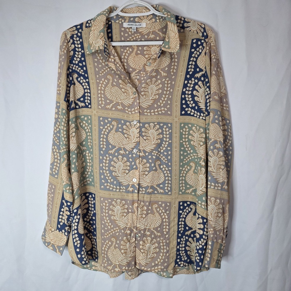 Rose + Olive‎ Peacock Print Button Up Whimsical Artsy Cottage Academic